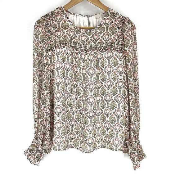 LOFT Tops - Loft Top Size Small White Tuilerie Floral Print Long Sleeve Ruffle Pleated Shirt